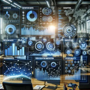 Painel de analytics de dados complexo exibindo métricas de comportamento do usuário, incluindo taxas de retenção, conversão, engajamento e análise de cohort.