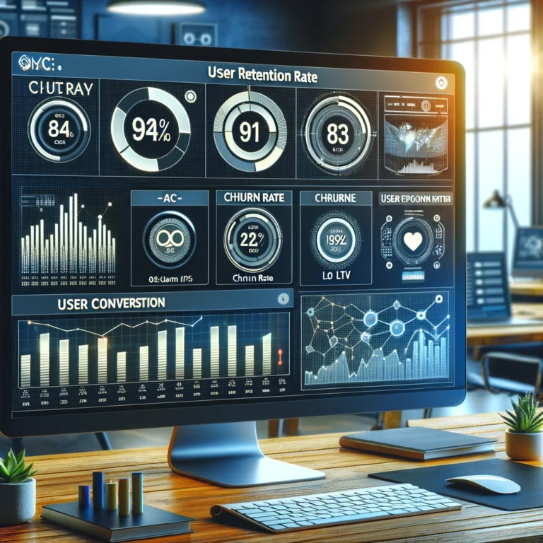 Dashboard moderno exibindo KPIs de produto digital, como taxa de retenção de usuários, taxa de conversão, CAC, LTV, taxa de churn e métricas de engajamento, em um ambiente de trabalho voltado para tecnologia.