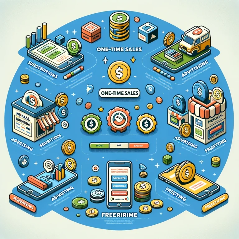 Infográfico envolvente ilustrando modelos de monetização de produtos digitais, incluindo assinaturas, vendas únicas, publicidade, freemium e transações in-app.