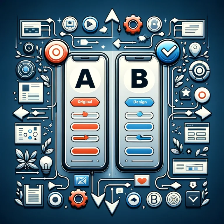 Representação visual de um processo de teste A/B em uma interface de produto digital, mostrando a versão original (A) e a variante (B) com diferenças claras.